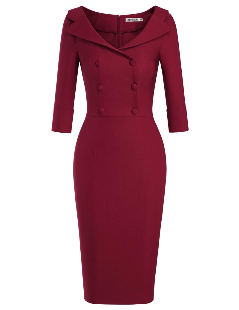 MUXXN Womens Sheer Button Up Sheath Slim Wear to Work Pencil Midi Office Dress (Burgundy M) - Image 1